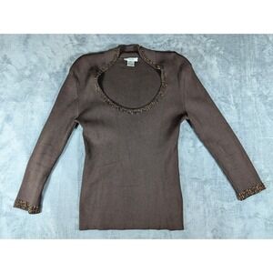 Cache Womens Brown Silk Blend Ribbed Beaded Scoop Neck Sweater Top Size S